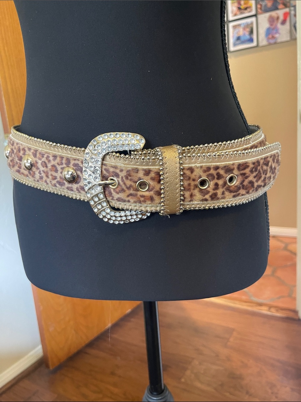 Kathy Van Zeeland Vintage Leopard Print Belt with Crystal Buckle and Gold Trim M